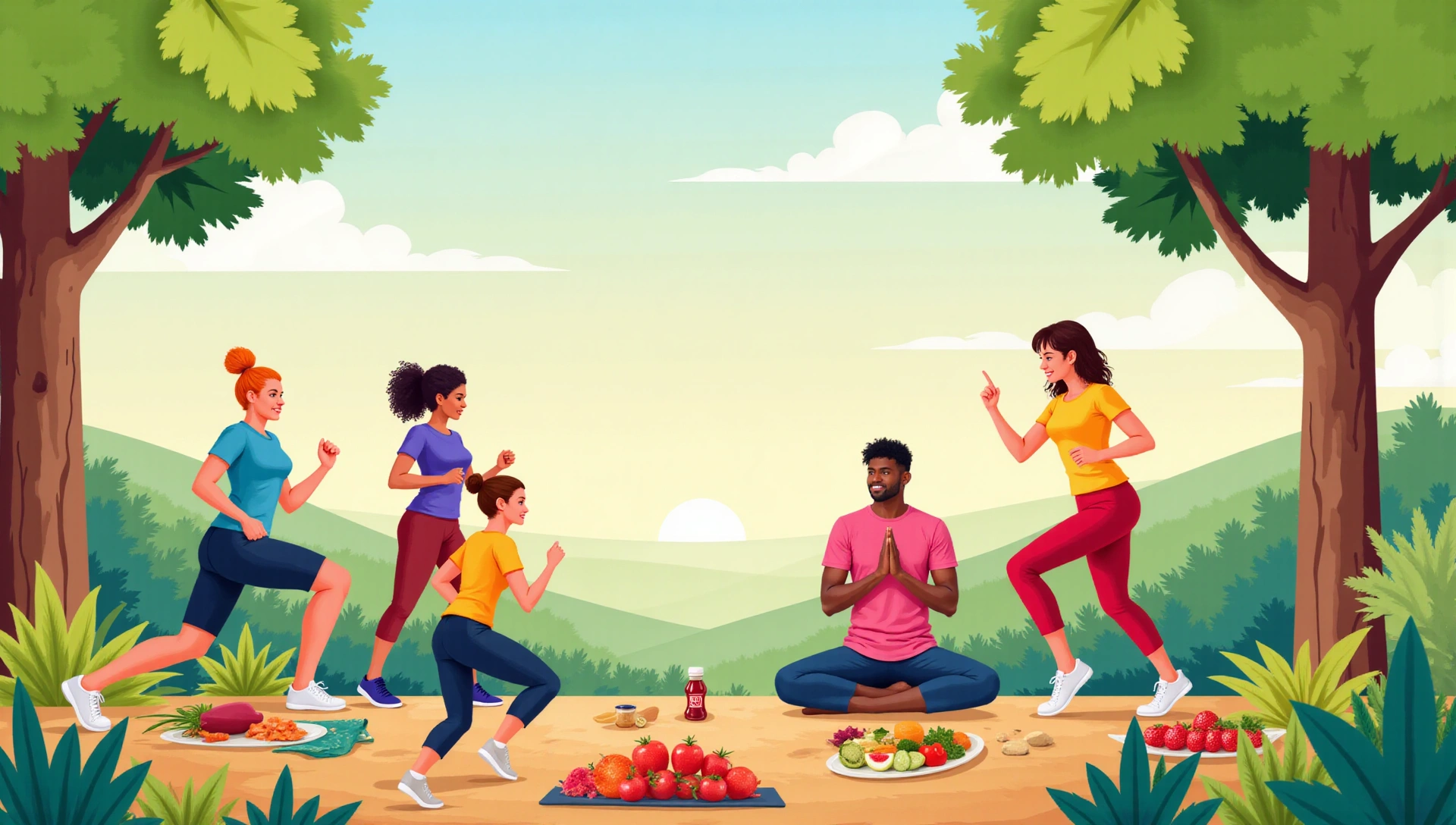 Sfondo di persone che praticano uno stile di vita sano e cibi freschi